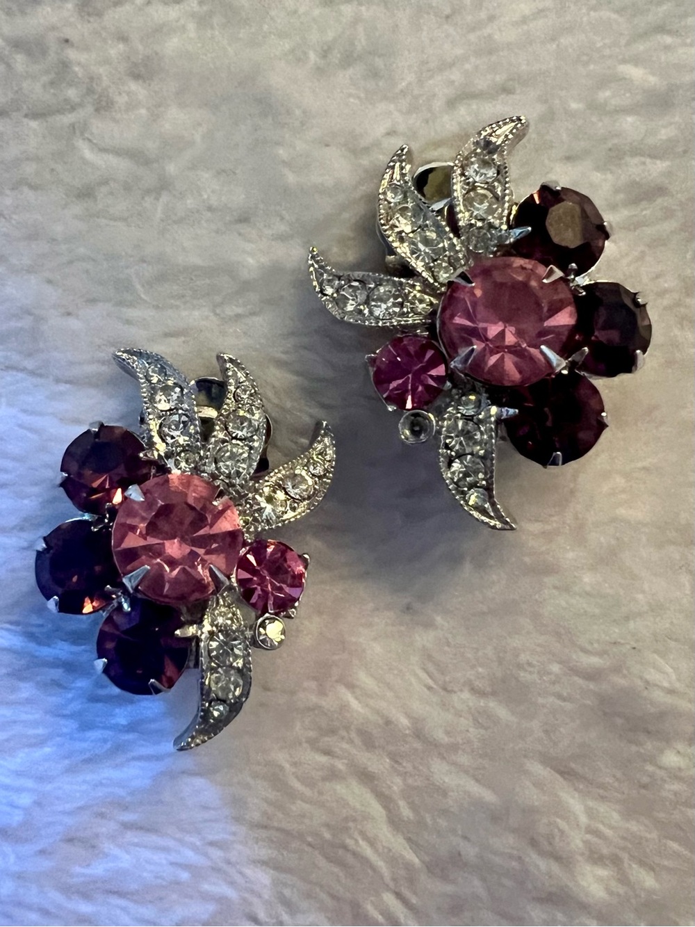 Vintage Eisenberg Pink Crystal Floral Clip-On Earrings with Silver Accents